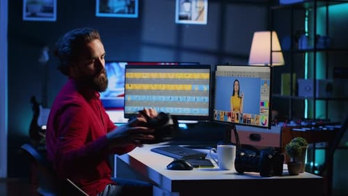 Man Works with VR Headset in Home Office