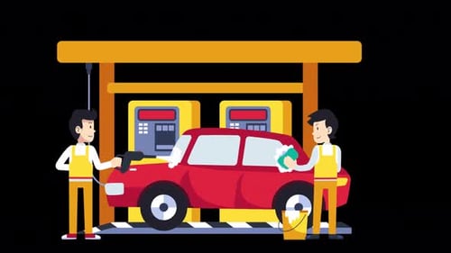 Two Happy Characters In Uniform Washing Car With Soap On Alpha Channel