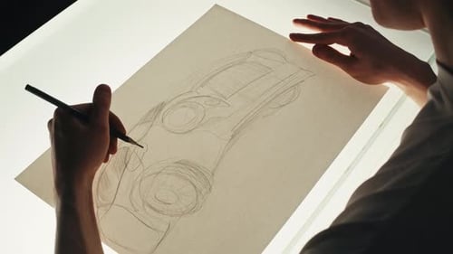 Junger Künstler zeichnet ein neues Automodell mit Bleistift auf weißem Papier Der Konstrukteur von Autos