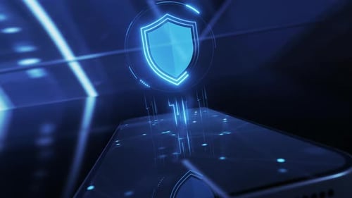 Concepto de protección de datos y privacidad o antivirus del icono Cybersecurity Shield, holograma y teléfono inteligente