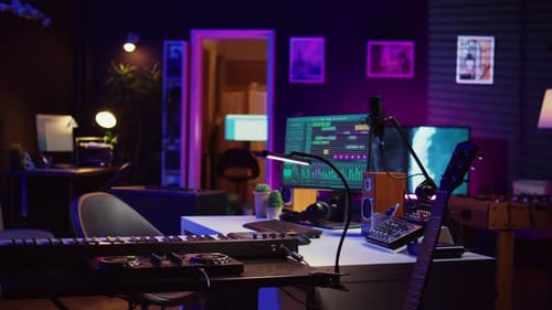 Electronic Instruments Used for Mixing and Recording Tunes in Empty Home Studio