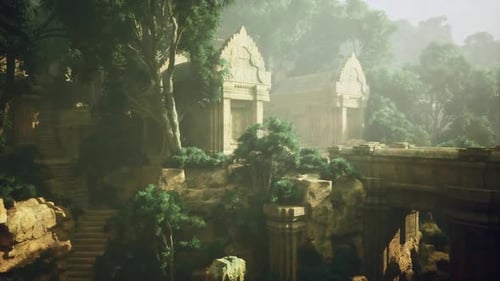 Overgrown Sacred Site Bathed in Golden Light with Lush Foliage