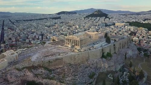 Acropolis Parthenon Temple Aerial Footage over city of Athens Greece