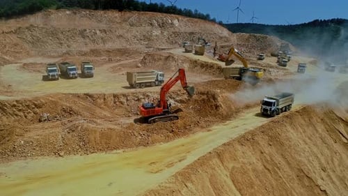 Active Quarry With Trucks and Excavators, Aerial View