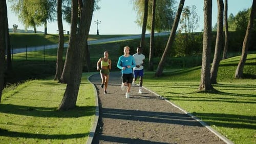 Three Attractive Young People Jogging Together in Beautiful Alley of Public Park Motivated Group of