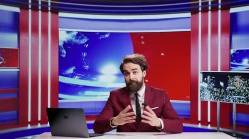 Engaging Bearded Presenter Sits at News Desk