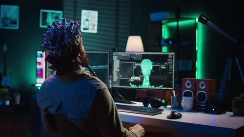 Engineer with EEG Headset on Merging with Artificial Intelligence