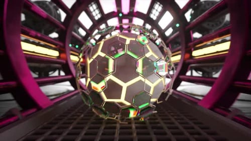 Reflektierende Hexagon-Kugel im roten SciFi-3D-Tunnel