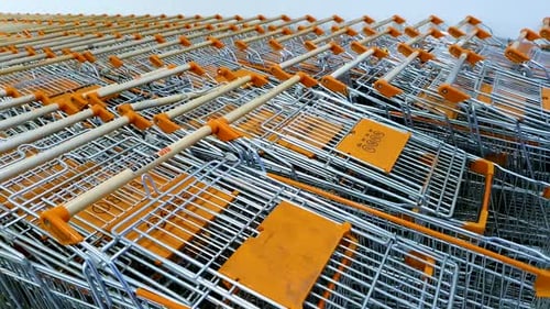 Close up panorama of shopping trollies lying idle at the mall due to Covid.