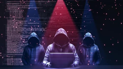Cybersécurité informatique pour ordinateur portable Anonymous, cyberscène, chute de particules de code, lumière dramatique
