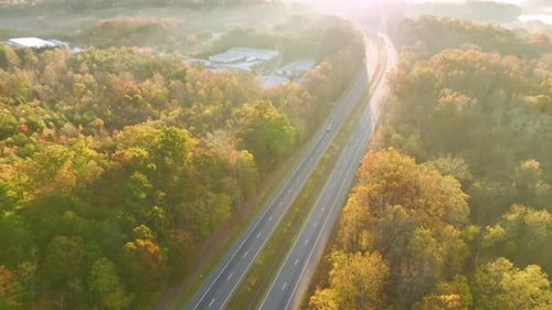 Aerial View of Busy American Highway with Fast Moving Traffic