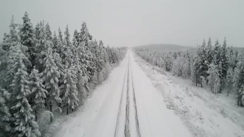 Vista aérea de un camino cubierto de nieve en el bosque nevado