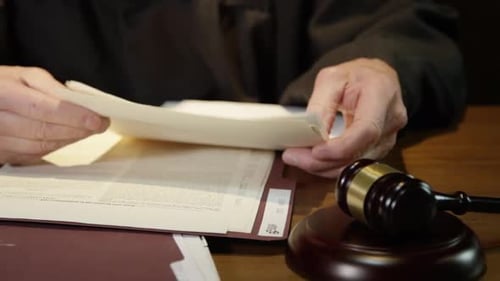 Court room scene in front of a judge