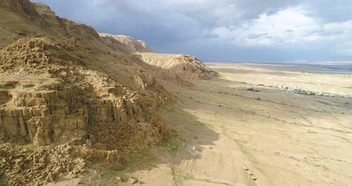 Aerial view of arid desert landscape, Jericho Governorate, Palestine.