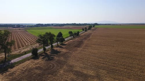 Luftaufnahme der Landstraße in der Nähe von landwirtschaftlichen Feldern