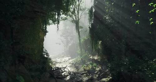 Mystical Sunlit Jungle Path Through Tropical Forest