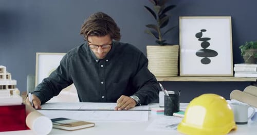 Architecture, blueprint and man drawing in office for planning construction