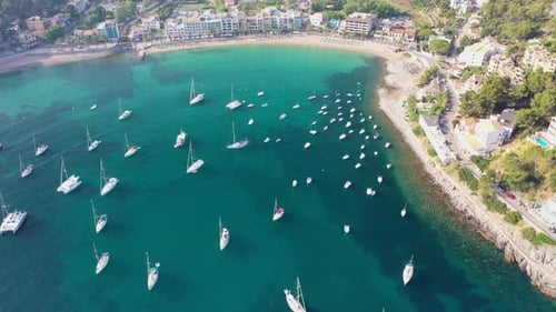 Aerial view of Port de Soller, Mallorca, Balearic Islands, Spain.
