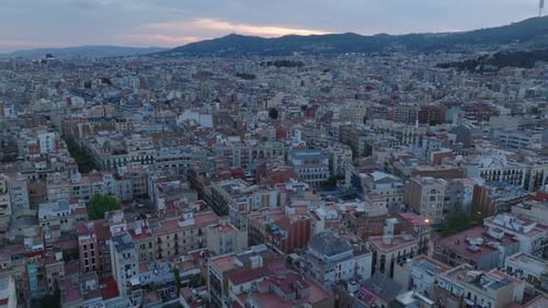 Fly Above Dense Town Development in Urban Borough Various Multistorey Houses in Large City at