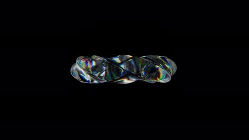 Anillo torcido brillante giratorio transparente en 3D con efecto de dispersión, colores del arcoíris, vidrio reflectante