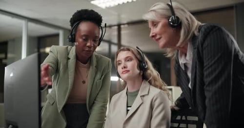 Call center, business people and training with desktop for teamwork, discussion