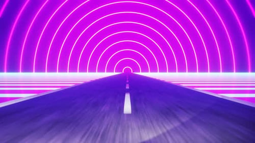 Trendige futuristische Retro-Neonbeleuchtung in Rosa und Blau, 3D-Straße zwischen Bergen und Sonne im Hintergrund