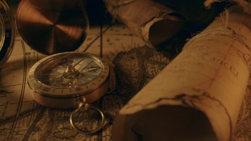 Antique Compass and Map Still Life