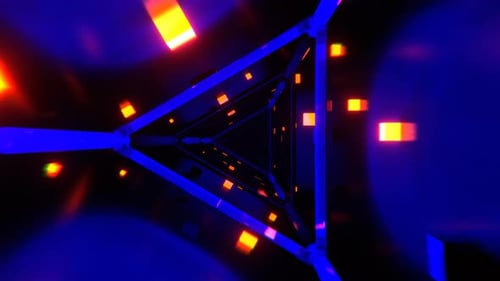 Blue And Orange Abstract Triangular Corridor With Shimmering Cubes Background Vj Loop I 4K