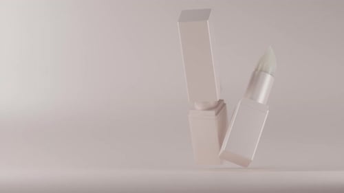 Rotierender, offener, glänzender, hygienischer Lippenstift in beiger Tube und geschlossenem Lippenstift auf hellem Hintergrund, Modekosmetik