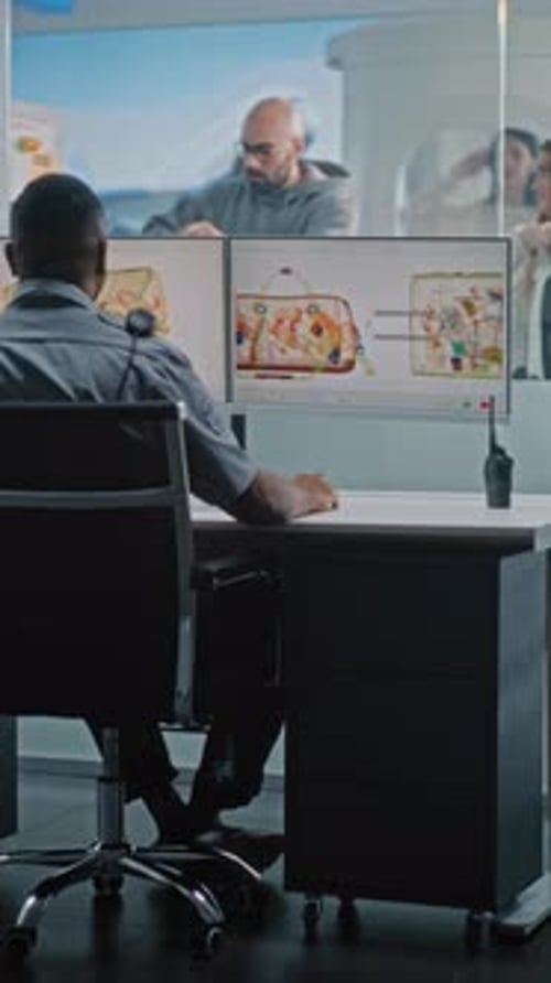 Security Guard Monitoring Luggage at Airport Workplace
