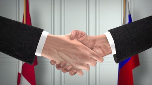 Animated Corporate Handshake with Waving Flags Background