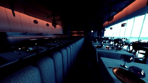 Chic Empty Restaurant with Stylish Seating and Soft Night Lighting