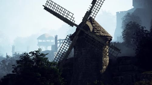 Landschaft mit alter Windmühle inmitten von Hügeln