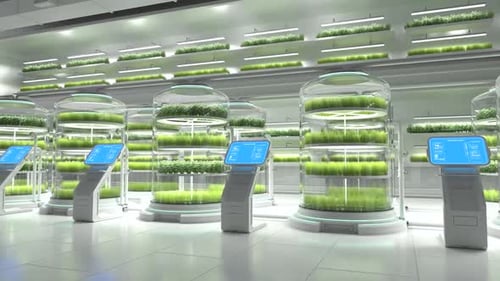 Futuristic Indoor Vertical Farm with Green Plants