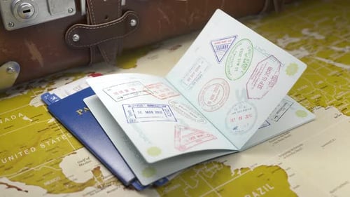 Animated Passport Pages Opening and Stamping on World Map
