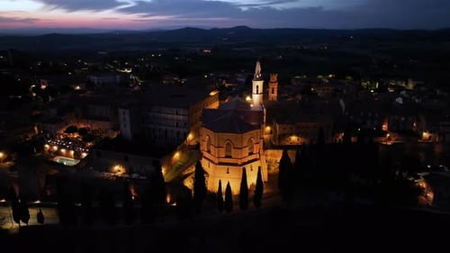 Night Aerial View of Medieval Pienza Town in Tuscany Siena Province Italy