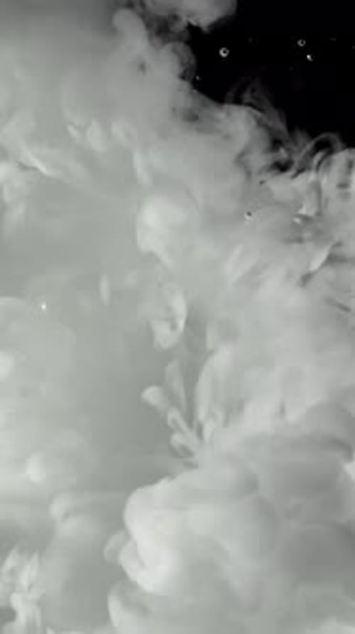 Weiße Tinte in Wasser auf schwarzem Hintergrund, gefilmt mit einer Hochgeschwindigkeitskamera mit 1000 Bildern pro Sekunde