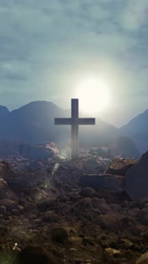 Wooden Cross In A Rocky Landscape