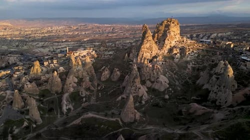 Aerial drone view of the Uchisar Castle in Cappadocia, Turkey