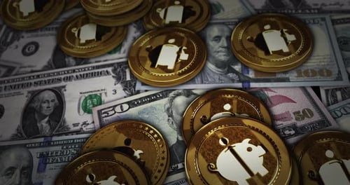 Piggy bank coin over Dollar banknotes looped