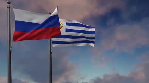 Russian and Uruguayan Flags Waving in Realistic 3D Animation
