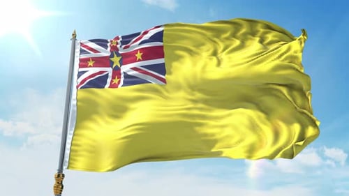 Niue Flag Waving in Bright Blue Sky 3D Animation Loop