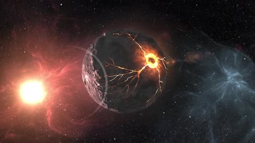 Sterbender Alienplanet mit heißem Magma, Sonnenaufgang, 4K