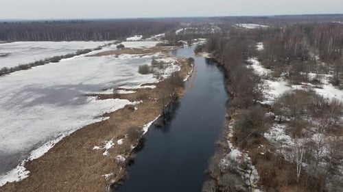 Drone View of the River in Early Spring Flood