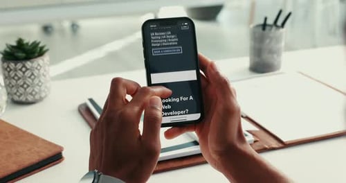 Hands, phone screen and web developer at office with application, search