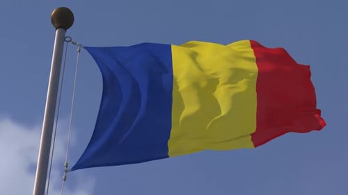 Realistic 3D Romania Flag Waving Against Blue Sky