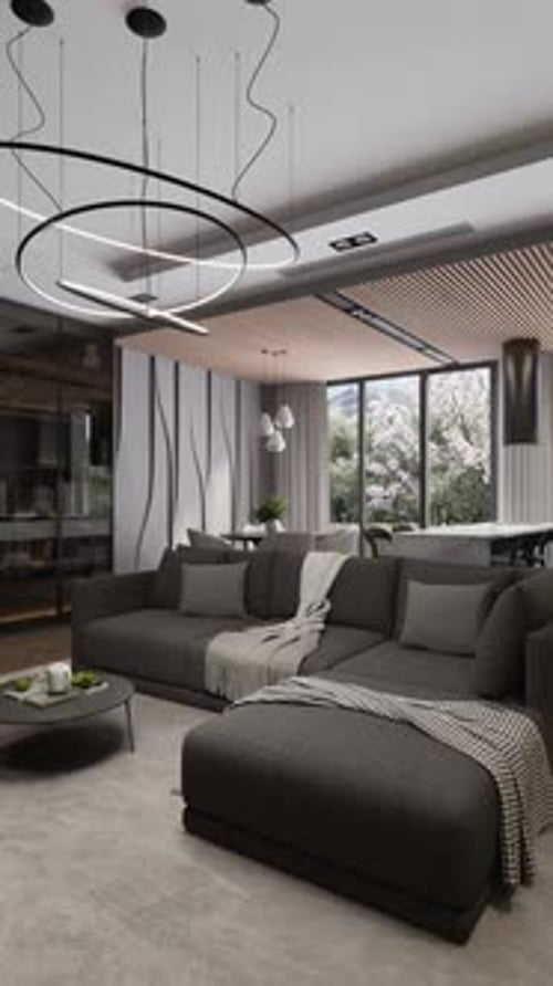 Modern studio apartment with open space living room and kitchen. 3d render