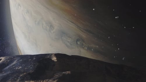 Planet Jupiter view with ateroids flying close