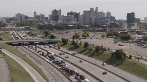 Interstate 94 drone with Detroit skyline