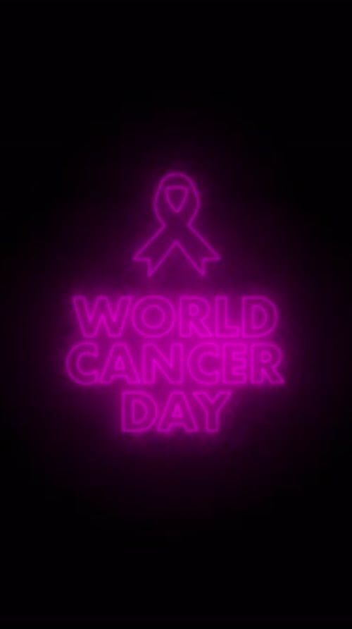Animated World Cancer Day text with neon glowing ribbon
